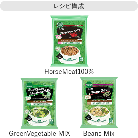レシピ No.H2【1.5kg】Horse 500g / GreenVM 500g / Beans 500g