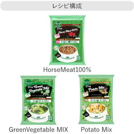 レシピ No.H3【1.5kg】Horse 500g / GreenVM 500g / Potato 500g